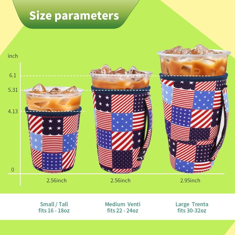 Snowso 3 Pack Iced Coffee sleeve Insulated Neoprene Cup Sleeves with handle For Cold Drinks Beverages, Reusable Cup Holder for 16oz-32oz Coffee Cups (Patriotic Patchwork) - Image 2